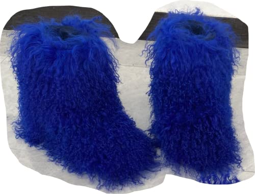GR-194 Women's Tibetan Fur Boot With Genuine Mongolian Hairy Furry Sheepskin Skin Snow Boots Long Hair Shoes Mid-Half Short Boots (Royal Blue, Adult, Women, 10, Numeric, US Footwear Size System, Medium)