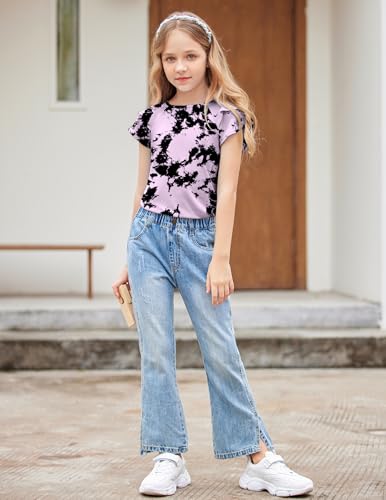 Image of Girls T Shirts Ruffle Short Sleeve Round Neck Loose Blouse Summer Solid Color Casual Girl Tee Tops for 3-12 Years