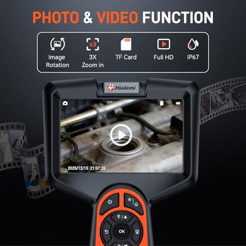 Hialemi 3.9mm Borescope, 5" IPS Screen 1080P Endoscope Camera with Light, Inspection Camera, 5FT Semi-Rigid Snake, IP67 Waterproof Industrial Borescope for Automotive Engine Aircraft Mechanic Tools