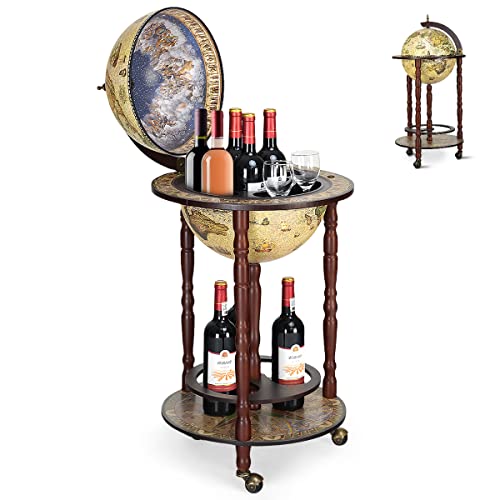 GiantexUK 330MM/360MM Globe Drinks Cabinet Unique Eucalyptus Wooden Mini Bar Cart with Open Shelves Retro Movable Whisky Wine Spirits Trolley for Home Restaurant(no Top 330MM Globe 45x45x88cm)