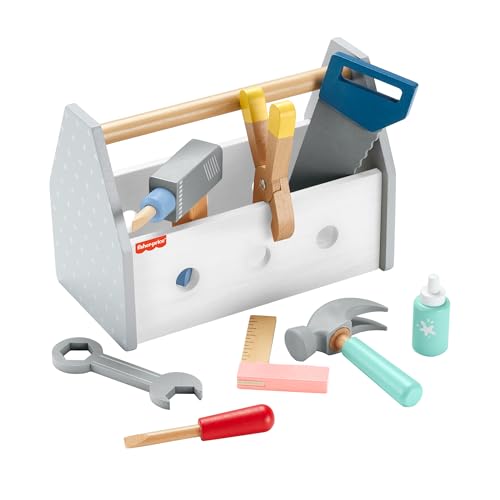 Fisher-Price - Set Attrezzi da Lavoro in Legno, Include 9 Strumenti tra Cui Vari Utensili e la Cassetta per riportli, per Il Gioco Creativo da Costruire, Giocattolo per Bambini, 3+ Anni, HYG50