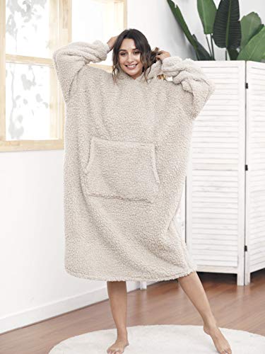 ililmmoe Sherpa tragbare Decke Übergroße Hoodie Sweatshirt TV Decke mit Langen Ärmeln und Tasche-Beige One Size