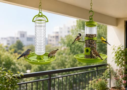 Image of PuraMart Hanging Bird Feeder for Garden, Balcony (1 Litre) | Bird Food Dispenser | 4 Feeding Ports | 360 Perch | Weatherproof Bird Feeding Station | Indoor & Outdoor Use (Combo(1-Water & 1-Feeder))