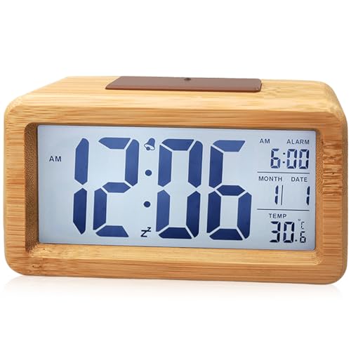 GOMETY Sveglia in legno digitale con grande display LCD, piccolo orologio da tavolo con data, visualizzazione teperatur orologio con modulo snooze per camera da letto ufficio (legno massello bicolore)