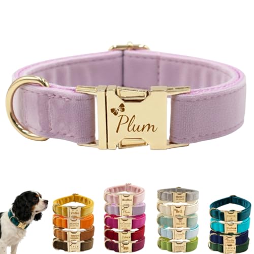 Velvet Dog Collar Personalized Custom Engraved with Name Phone Number Soft Plush Adjustable Pet Collar for Small Medium Large Dogs Cats with Metal Buckle Fashion Gift
