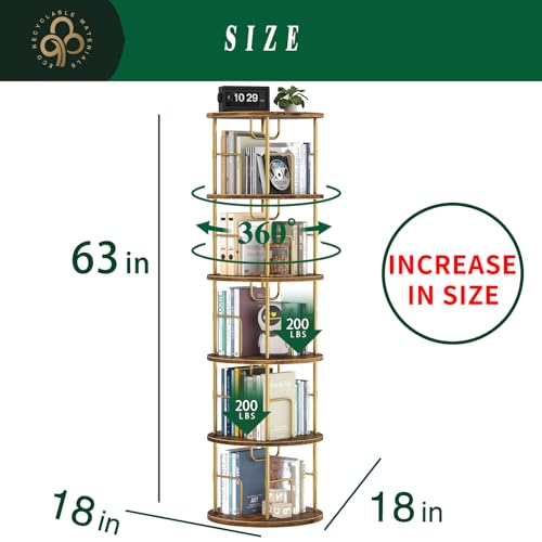 5Tier Rotating Bookshelf, 360 ° Display Stackable Spinning Bookshelf Tower,Round Space Saving Tall Floor Standing Swivel Bookcase Corner Storage Organizer for Bedroom/Living Room/Office,Gold - Image 2