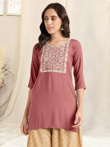 Image of MIRCHI FASHION Women's Straight Fit Rayon Sequins Embroidered and Polka Dots Printed Kurti Only