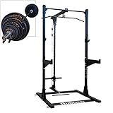 Rugged Strength & Fitness Half Rack (Y120P3) with Lat Attachment - 300 lb. Weight Set Included, Ideal for Home Gym Strength Training, Squats, and Workout - Enhanced Power Cage for Fitness Reality