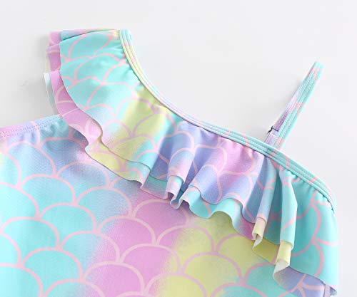 Big Girls One Piece Swimsuits One Shoulder Ruffle Swimwear Mermaid Bathing Suit Rainbow Size 12/10-12 #TOP4