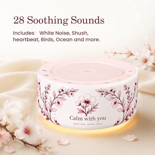 Image of Kipcush White Noise Machine for Baby & Adults, 30 Soothing Sounds, Soft Non-Glare Nursery Lamp, 8 Color Night Lights, Memory Function (New Floral Theme, Standard)