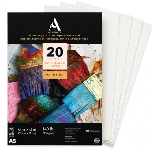 Image of ArtRight Artists' Sketching Paper (A5 Pack of 20 Sheets, 300 GSM); Handmade Cartridge Mixed Media Sheets of 300GSM for Pencil, Charcoal and Ink Media