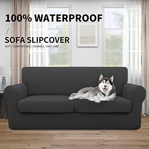 Image of Easy-Going Waterproof 3-Piece Oversized Loveseat Couch Covers for Sofa | 3-Piece Set Spandex Sofa Cover Slipcover Elastic Bottom Dog Pet Friendly Dark Gray