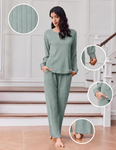 Ekouaer Lounge Sets for Women Ribbed Knit Long Sleeve 2 Piece Pajama Sets - image 4