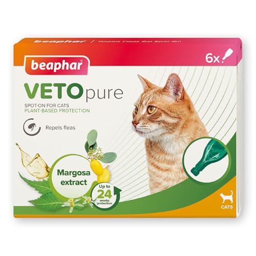 Beaphar - VETOpure Flea Spot-On for Cats Repels Fleas For Up To 4 Weeks Plant-Based Flea Protection 6 Pipette Pack Providing Up to 24 Weeks Flea Repellency For Cats From 12 Weeks Old