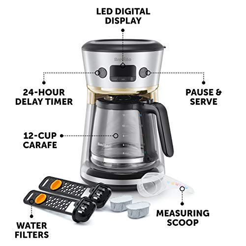 Breville Mostra Easy Measure Filter Coffee Machine | 12 Cup Programmable Coffee Maker | 1.8L Jug | Built-In Water Filter | Freshness Indicator | Delay Timer | Silver & Gold | VCF115 7 Gallery Image Breville Mostra Easy Measure Filter Coffee Machine | 12 Cup Programmable Coffee Maker | 1.8L Jug | Built-In Water Filter | Freshness Indicator | Delay Timer | Silver & Gold | VCF115 7 Gallery Image