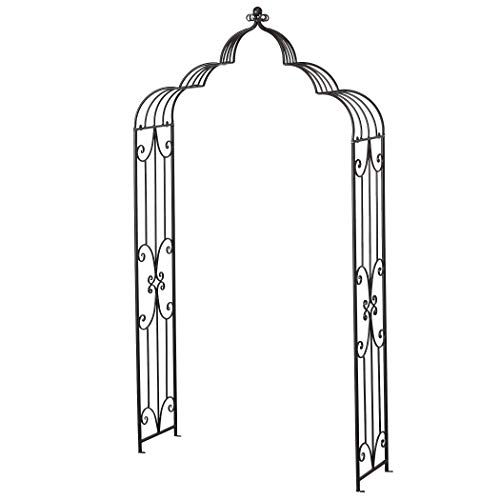 Metal Garden Arch, Ball Finial Top, Intricate Scrollwork Panels, 47.25 L X 15 W X 90.5 H Inches, Black Powder Coated Iron, Soil Installation Or Floor Mounted, A #TOP22
