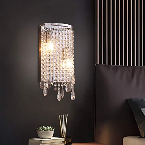 SILJOY 2-Light Modern Chrome Crystal Wall Sconce, Luxury Raindrop Crystal Wall Light Fixture Bedside Night Lamp for Bedroom Living Room Hallway, 2 x E12, Silver, Indoor, W 7.8’’ x H 14.7’’ SILJOY 2-Light Modern Chrome Crystal Wall Sconce, Luxury Raindrop Crystal Wall Light Fixture Bedside Night Lamp for Bedroom Living Room Hallway, 2 x E12, Silver, Indoor, W 7.8’’ x H 14.7’’