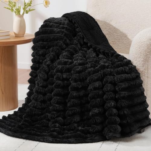 Image of Fleece Weighted Blanket for Adults 48 inch x 72 inch 15lbs Striped Blankets, Black | Dual Sided Soft Sherpa Weighted Blankets with Glass Bead Filling, Plush 3D Striped Heavy Throw Blanket for Bed and Couch