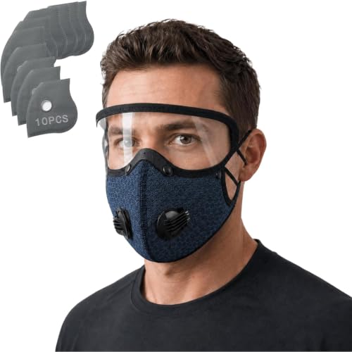 Genérico Mascarilla antipolvo reutilizable con filtro de carbón y gafas ajustables, protección UV, filtro de 5 capas con 10 filtros, mascarilla facial extraíble (Navy)