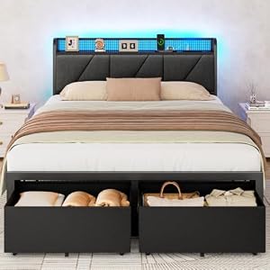 Furnulem Queen Bed Frame with 2 Storage Drawers & Upholstered Headboard