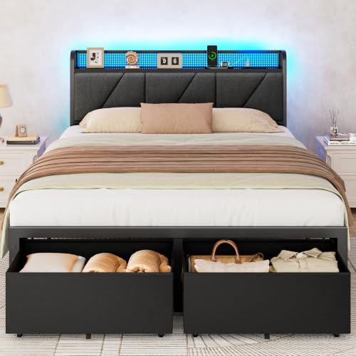 Image of Queen Bed Frame with 2 Storage Drawers & Upholstered Headboard | Metal Platform Bed with Storage Shelf, Charging Station, LED Lights and Heavy-Duty slats, No Spring Box Needed, Noise-Free