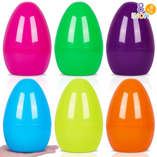 HOOJO 6 PCS 8â€³ Jumbo Plastic Easter Eggs Fillable with 6 Bright Assorted Colors, Empty Giant Eggs for Easter Egg Hunt, Surprise Egg, Filling Treats, Basket Stuffers and Easter Party Favor