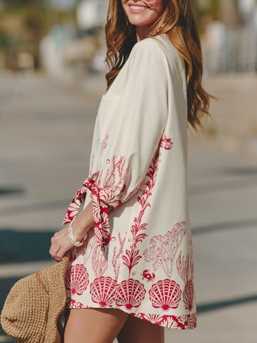Image of CUPSHE Women Mini Summer Dress Cover Up Oversize Floral Shirt 3 /4 Sleeve Cuff Tie Button Down Beach Dresses Cover Up Top