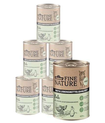 Dehner Fine Nature Katzenfutter, Nassfutter getreidefrei, für ausgewachsene Katzen, Pute, 6 x 400 g Dose (2.4 kg)