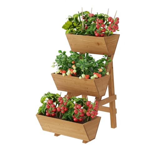 PULIJIAJU 3-Tier Wooden Vertical Raised Garden Bed with Legs, Tiered Planter Box, Vertical Garden Planter,Wood Plant Stand Wood Flower Rack for Patio, Balcony, Freestanding. (Brown-Small)