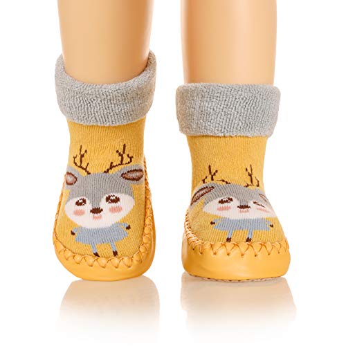 Eocom Baby Boy Girls Toddlers Moccasins Non-Skid Indoor Slipper Winter Warm Shoes Socks(Yellow Deer, 18-24 Months)