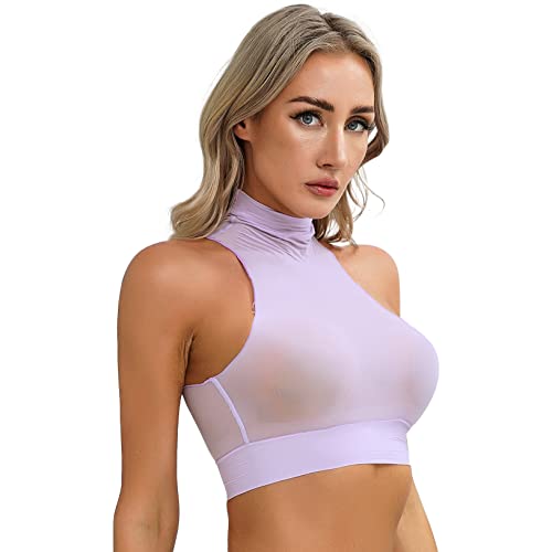 Hularka Women's Mock Neck Sleeveless Sheer Crop Top Solid Color Slim Fit Vest Top Nightwear3
