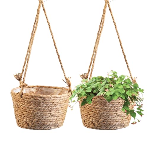 2 Pack Natural Seagrass Hanging Planter Basket Set, Rattan Woven Design, 20cm Plant Pots with Rope Hanging Basket with Protective Liner for Indoor Outdoor Plant Boho Home Decor Garden Porch