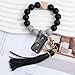 BTBIO Wristlet Keychain for Women Silicone Beaded Bracelet Keychain with Leather Tassel Car Key Wristlet for Women Gifts (Black+Grey)