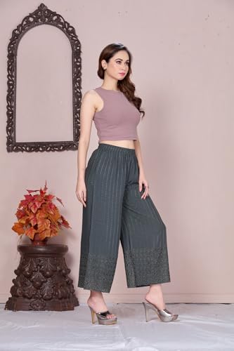 Image of VIVIKA Chikankari Palazzo Pants for Women |Rayon Wide Leg Ethnic Palazo with Embroidery | Comfortable Elastic Waist Women's Palazzo for Casual, Festive & Office Wear
