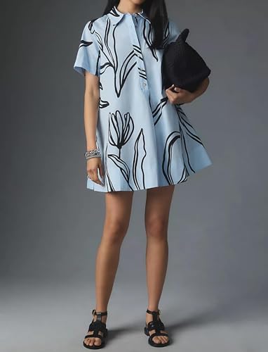 Image of Women's Short Sleeve Swing Tunic Mini Dress Button Up Blouse Shirt Summer Loose Casual Flowy A Line Short Dress