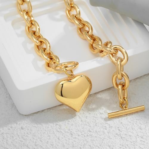 WOWORAMA Gold Chunky Chain Necklace for Women Puffy Heart Pendant Necklace White Gold Thick Chunky Chain Link Necklaces Heart Coin Choker Necklace4