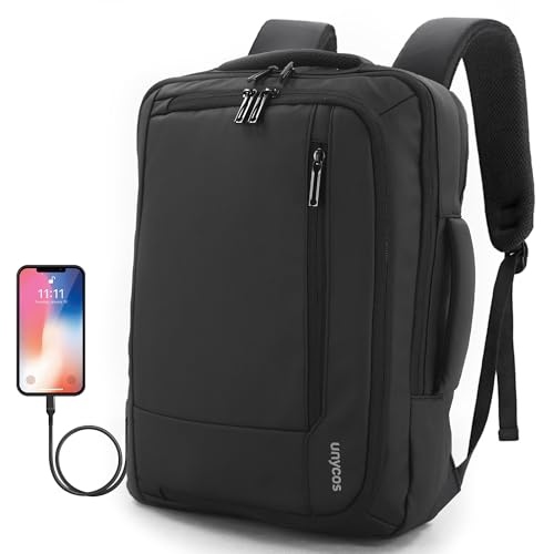 unycos   Mochila 20L para Portátiles y Netbooks de hasta 15,6 Pulgadas, Impermeable, Puerto de Carga USB, Mochila de Hombre y Mujer Ergonómica para Trabajo, Viajes, Colegio y Uso Diario (Negro)