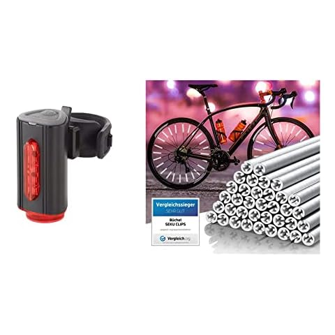 FISCHER Twin Fahrrad-Rücklicht mit 360° Bodenleuchte für mehr Sichtbarkeit und Schutz, aufladbarer Akku & Büchel Unisex Speichenreflektoren Seku Clips 36er Verpackung, Silber, 80 mm EU Cover