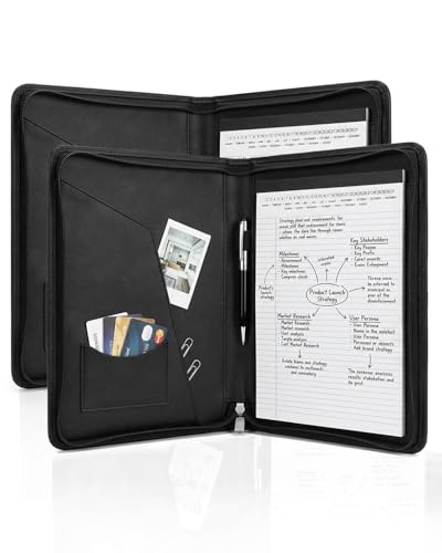 OOWOLF Professional PU Leather Zippered Portfolio with Included Letter Size Notepad, Business Padfolio & Document Organizer for Men & Women, Sleek Resume Folder for Interviews & Office, Black, 2-Pack