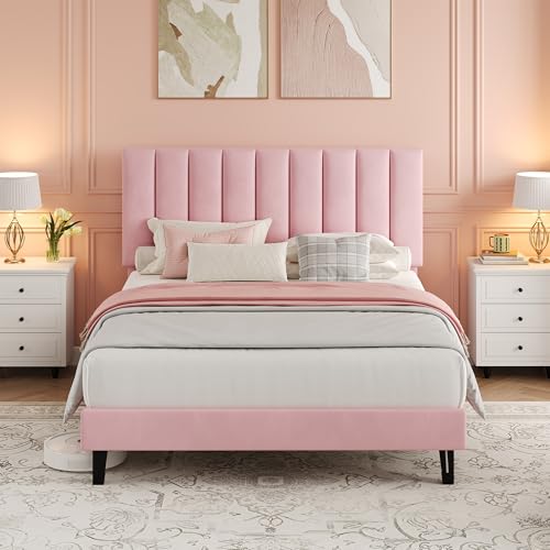 Garvee Full Size Bed Frame, Velvet Upholstered Platform Bed with Adjustable Tufted Headboard, No Box Spring Needed, Easy Assembly, Pink, Pink, Full