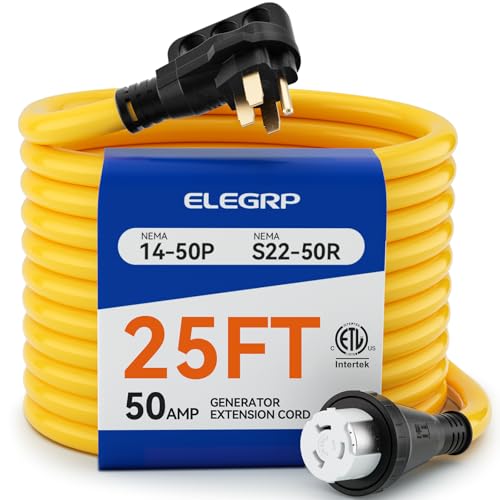 Image of ELEGRP 50 Amp RV /Generator Extension Cord, 25FT NEMA 14-50P to SS2-50R Twist Lock, 6 /3+8 /1 Gauge STW, Heavy Duty 50A RV Power Cord for Camper /Generator /House, UL Standard Compliant, 3-Year Support