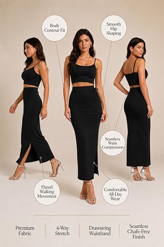 Image of Stretchable Cotton Saree Shapewear Petticoat for Women | Breathable Saree Shaper with Drawstring & Side Slits | Seamless Inskirt Petticoat for Saree Lehenga Gown | S-5XL