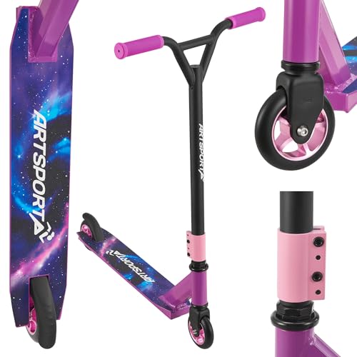 ArtSport Stunt Scooter Galactic Cruiser - Trick Roller für Kinder & Jugendliche - 360° Lenker, 100 mm Alu Räder - Kinderroller Lila Schwarz