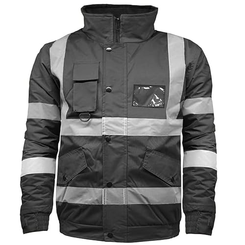 LABEL APPAREL Hi Vis Viz Bomber Jacket High Visibility Workwear Two Tone Safety Security Hooded Padded Waterproof Taped Seams Work Wear Coat Top Plus Sizes, Black, S