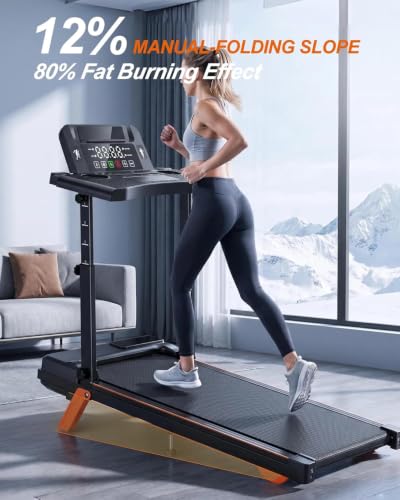 Image of 12% Incline Multifunctional Walking Pad with Height-Adjustable Handle Bar and Built-in Removable Desk, 8.0MPH /3.5HP Small Treadmill, 350LBS Weight Capacity Compact Treadmills (Black Orange)