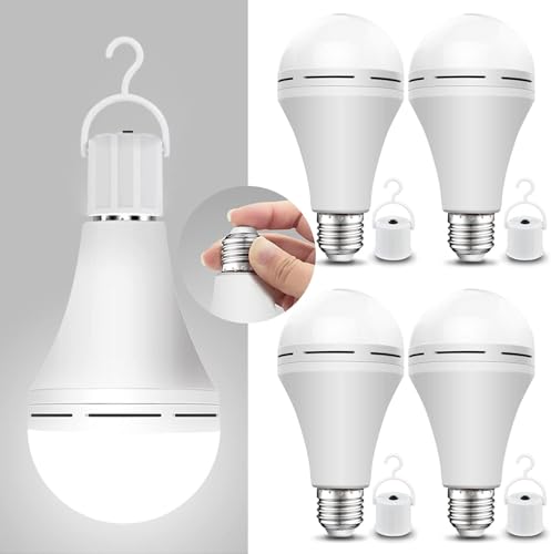 Neporal 4 Pack Emergency-Rechargeable-Light-Bulb, Stay Lights Up When Power Failure, 1500mAh 15W 80W Equivalent LED Light Bulbs for Home, Camping, Tent (E27, with Hook) (Daylight)