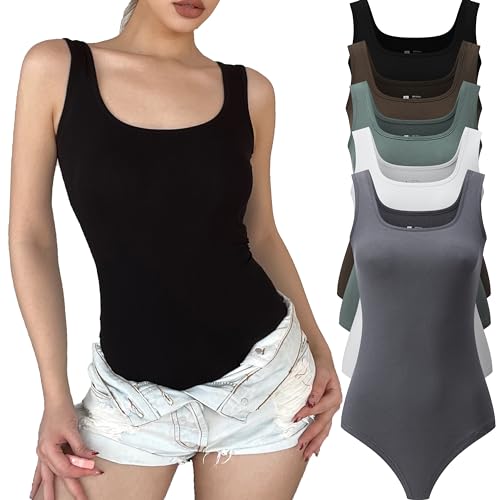 FMNNNN Lot de 5 bodies sans manches à col carré pour femme – Body côtelé sans manches à double doublure, 5 pièces : noir/blanc/café/vert/gris, Medium