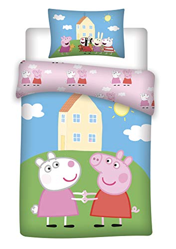 Peppa Pig Parure de lit Bébé 100% Coton - Housse de Couette Réversible 100x135 cm + Taie d'Oreiller 40x60 cm