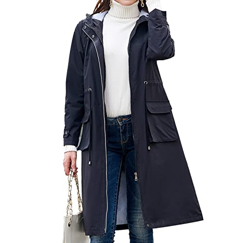 Women's Hooded Rain Jacket Long Waterproof Raincoat Casual Full Zip Anorak Midi Windbreaker Pockets2