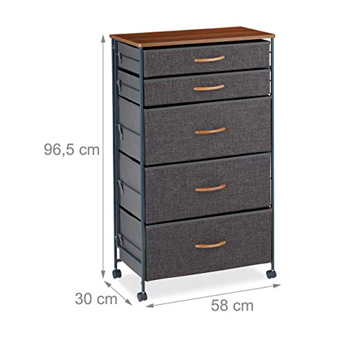 Relaxdays Cajonera con Ruedas, Cajones Textiles, Decoración, Balda con Apariencia de Madera, 96,5 x 58 x 30 cm, Gris, Acero, poliéster, tableros conglomerado DM - imagen 3